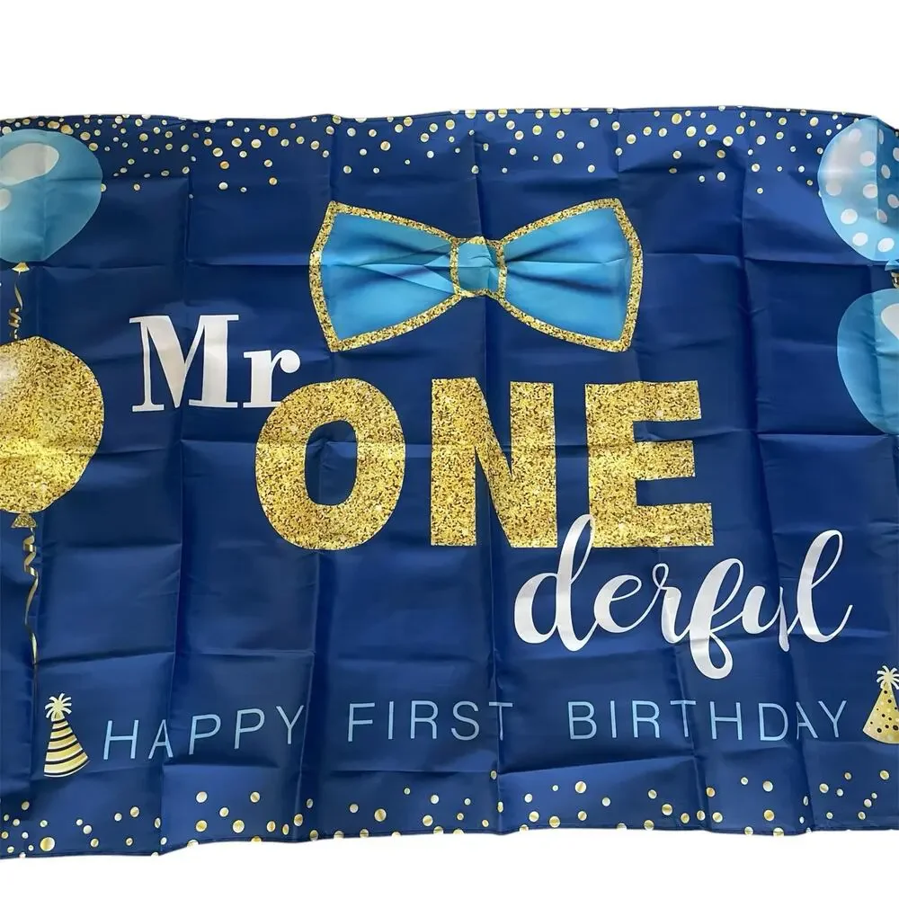 Mr. Onederful First Birthday Backdrop Banner Boys 1st Birthday Blue Gold Decor